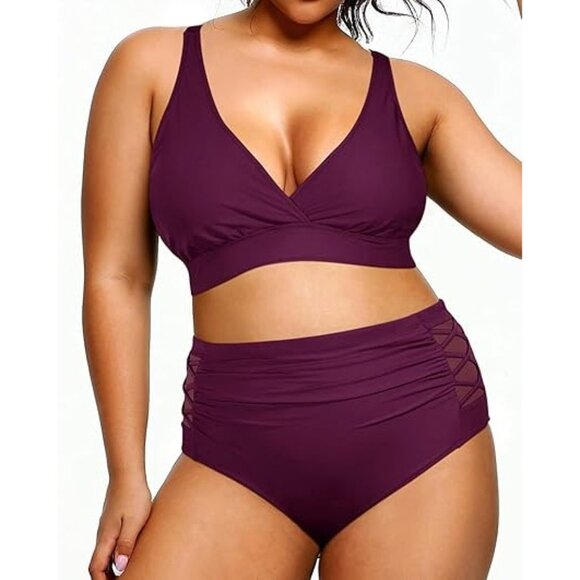 Yonique Womens Size 14 Two Piece Bikini Set V Neck Side lattice mesh insets - Picture 3 of 8